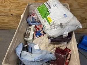 lot 38 image: Bin of pillows, blankets, bed sheets, sofa covers