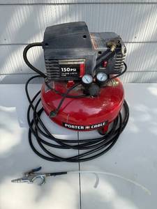 lot 8 image: PORTER-CABLE 150 PSI 6-Gallon Pancake Air Compressor with Hose and Nozzle