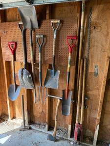 lot 15 image: Collection of Garden and Hand Tools Including Shovels and Axe