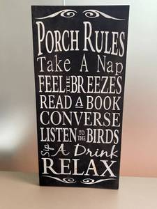 lot 33 image: Decorative Wooden Porch Rules Sign