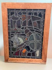 lot 41 image: Vintage Stained Glass Panel with Knight and Horse Design