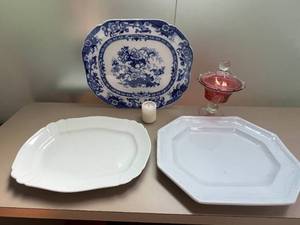 lot 42 image: John Ridgway, Staffordshire Platter, Vintage Ironstone Platters and Cranberry Flashed Glass Bowl w Matching Lid