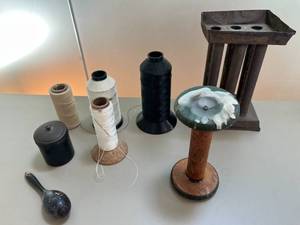 lot 63 image: Primitive 1800s Tin 6 Candle Mold & Vintage Sewing Thread Spools Collection