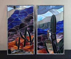 lot 66 image: Pair of Southwestern Desert Landscape Stained Glass Panels