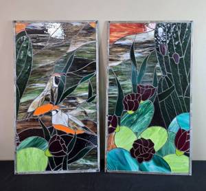 lot 67 image: Beautiful Pair of Handcrafted Stained Glass Panels with Nature Motif