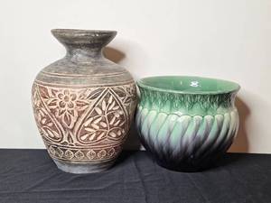 lot 81 image: Set of 2 Decorative Clay and Ceramic Vases