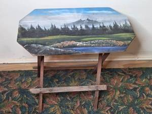 lot 95 image: Wooden Folding Tray Table with Scenic Landscape Design