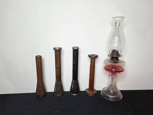 lot 101 image: Antique Glass Oil Lamp and Set of 4 Wooden BobbinsSpools