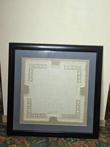 lot 113 image: Framed Vintage Linen Handkerchief with Lace Detail