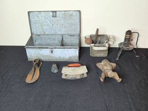lot 118 image: Vintage Collection Rustic Metal Box, Sculpture, and Antique Tools