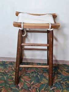 lot 132 image: Vintage Wooden Tall Stool with Rope Seat