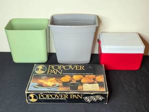 lot 134 image: Popover Pan and Assorted Storage Bins and Cooler