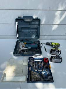lot 140 image: Bosch Jigsaw with Case, Ryobi 18V Drill Set, and Drill Bits