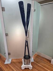 lot 178 image: Vintage Large Decorative Rowing Oars in Metal Holder