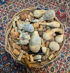 lot 183 image: Basket of Assorted Dried Gourds with Collector Corks and Miscellaneous Items