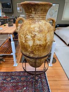 lot 184 image: Large Antique Terracotta Amphora with Metal Stand - rug not included