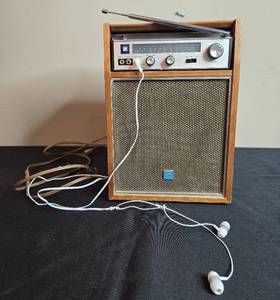 lot 207 image: Vintage Tokyo Shibaura Electric Co. AMFM Wooden Radio with Earphones