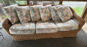 lot 209 image: Used Rattan and Fabric Sofa with Cushions