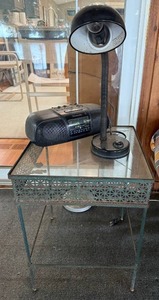 lot 219 image: Vintage Metal Side Table with Glass Top and Accessories