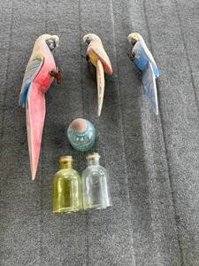 lot 224 image: Vintage Carved Wooden Parrots and Antique Glass Bottles Set