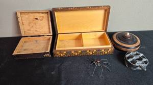 lot 228 image: Collection of 3 Vintage Wooden Boxes with Decorative Lid and Other Unique Items