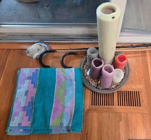 lot 254 image: Set of Colorful Candles with Decorative Platter and Hooks