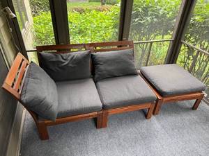lot 257 image: Wooden Patio Couch and Ottoman Set with Cushions