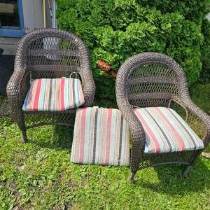 lot 33 image: Pair of Ratton Style Patio Chairs with Cushions