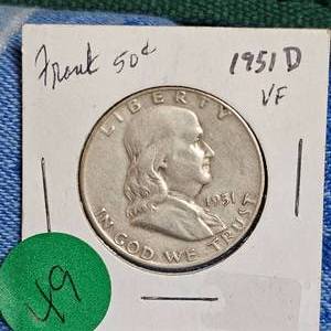 lot 49 image: 1951-D Franklin Half Dollar. VF