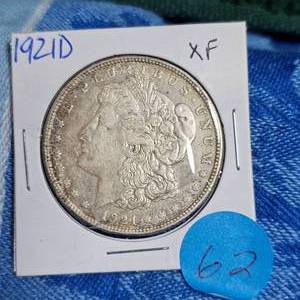 lot 62 image: 1921-D Morgan $, XF (in card)