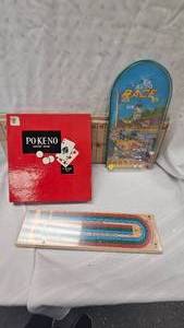 lot 7 image: PO-KE-NO Game, Cribbage Board, Vintage Auto Race Marble Pinball