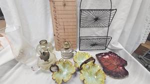 lot 12 image: Wall Letter Holder, Leaf Serving Dishes, Vintage Oil Lamp Bottoms and 2 Chimneys