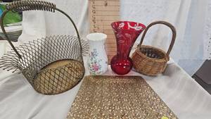 lot 18 image: Decorative Tray, Metal Egg Basket, Pair of Vases, Small Wicker Basket