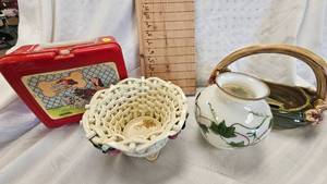 lot 20 image: Hand Painted Ivy Vase, Hand Painted Woven Porcelain Basket, Vintage Farm Rustic Potty Handled Basket