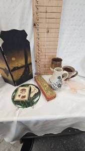 lot 25 image: Misc  Vintage Items  including Pottery Mugs, Pink Despression, Picture and Storage Box