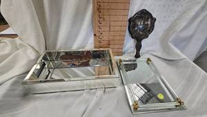 lot 29 image: JewelryVanity Mirrored Trays, Plated Vintage Hand Mirror