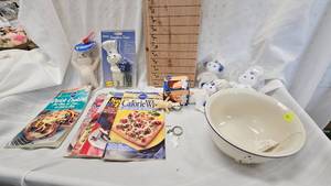 lot 36 image: Pisbury Recipe Magazines, Cereal Bowl, Small Stuffies, Rubber Doll, Timer