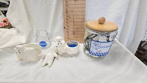 lot 38 image: Pilsbury Canisters with Lights, Spong Holder, Dough Boy Rubber Doll, Small Canister