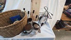 lot 174 image: Basket with Les Kouba mugscups, Iron and Assorted Items