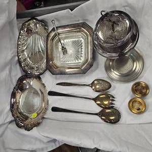 lot 81 image: Sterling Silver Serving Utensils wSilver Plated Trays and Tiered Serving Tray