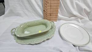 lot 148 image: Sage Green Serving Tray with Dish and (9) Sage Green Design Plates