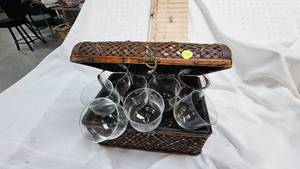 lot 129 image: Woven Tresure Basket along with 10 Wine Glasses