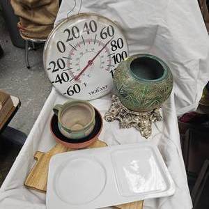 lot 108 image: Misc Stoneware, Thermometer(The Vigilant), Minnesota Cutting Board