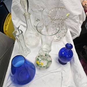 lot 114 image: Hand Painted Ruffled Pitcher, Decanter Bottle, Blue Vases and other