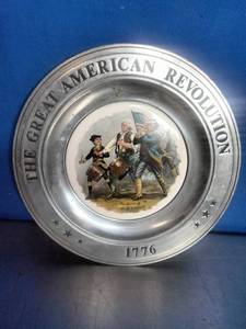 lot 41 image: This is a vintage commemorative pewter plate titled The Great American Revolution 1776, featuring a ceramic insert depicting the iconic Spirit of 76 painting by A. M. Willard.