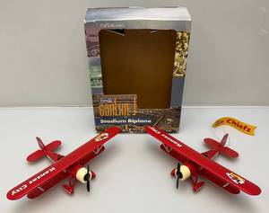 lot 140 image: Vintage Die Cast Ertl Collectibles NFL Team Goaline Classics Kansas City Chiefs Stadium Biplane Banks One With Banner & Original Box