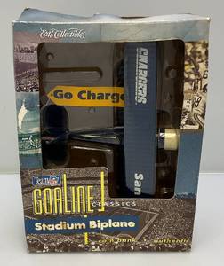 lot 142 image: Vintage Die Cast Ertl Collectibles NFL Team Goaline Classics San Diego CHARGERS Stadium Biplane Bank With Banner (NIB)