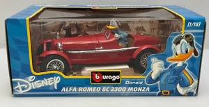 lot 143 image: Vintage Burago DISNEY Donald Duck Alfa Romeo 8C 2300 Monza 118 Scale Die Cast Replica (NIB)
