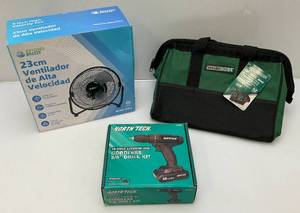 lot 246 image: Cordless 18 Volt Drill, 9 Fan New In Box & New Master Force 14 Tool Bag