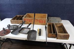 lot 14 image: Collection of Vintage Tools and Boxes Including Pepsi Crate and Cast Iron Items